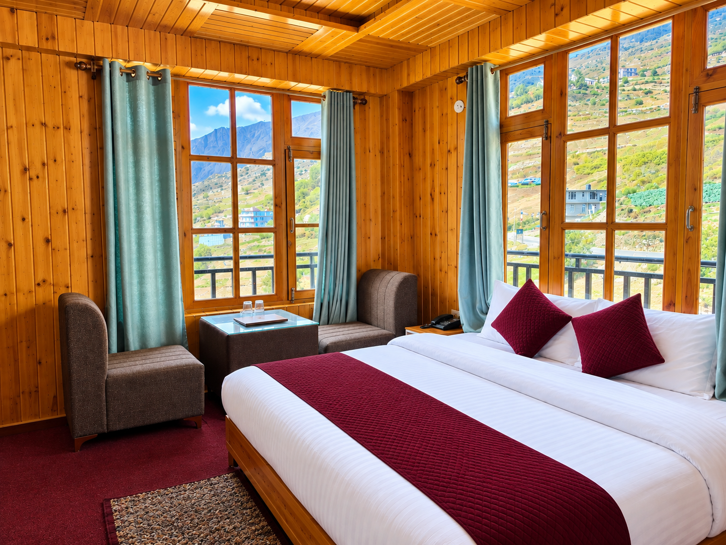 Premium Valley View Room at Hotel Snow Hills, Gondhla — fully wood-panelled with a private balcony